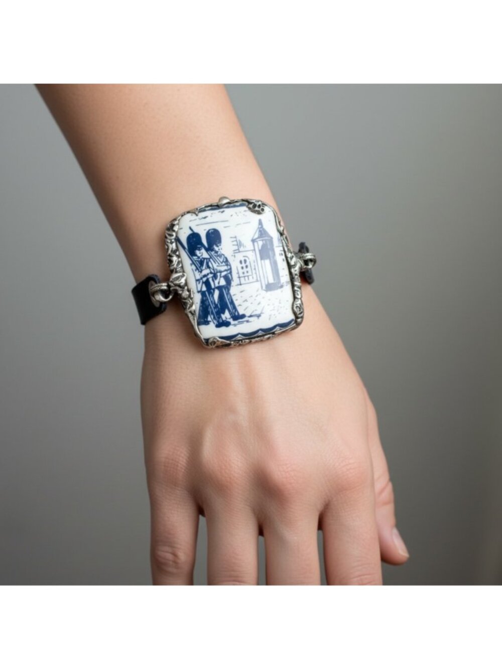 Blue Willow Nutcracker China Leather Bracelet With Silver Blend Bezel Artisanal - Picture 5 of 16